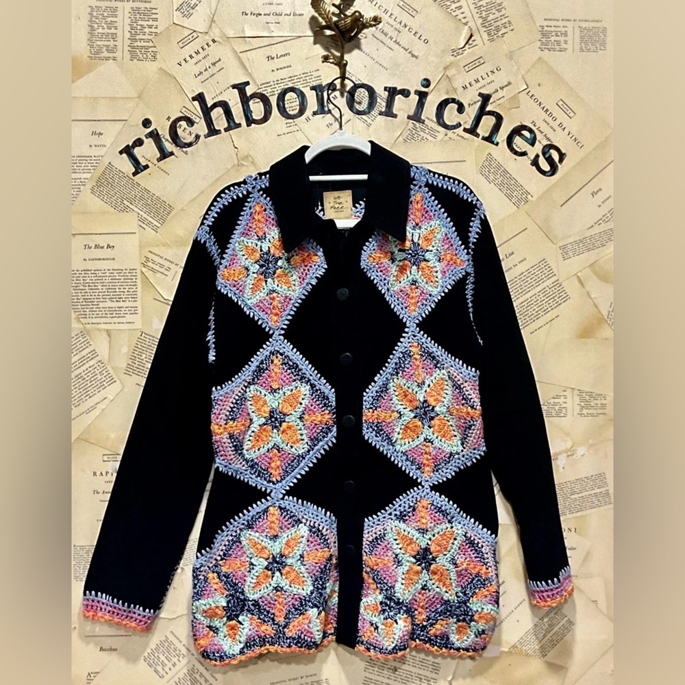 Free People Corina Crochet Suede Jacket We The Free Button Uop Black Combo